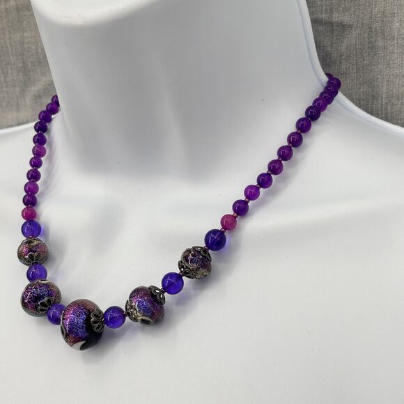 Purple Beaded Necklace with Galaxy-Inspired Statement Beads 19" Collar Length - Picture 3 of 6